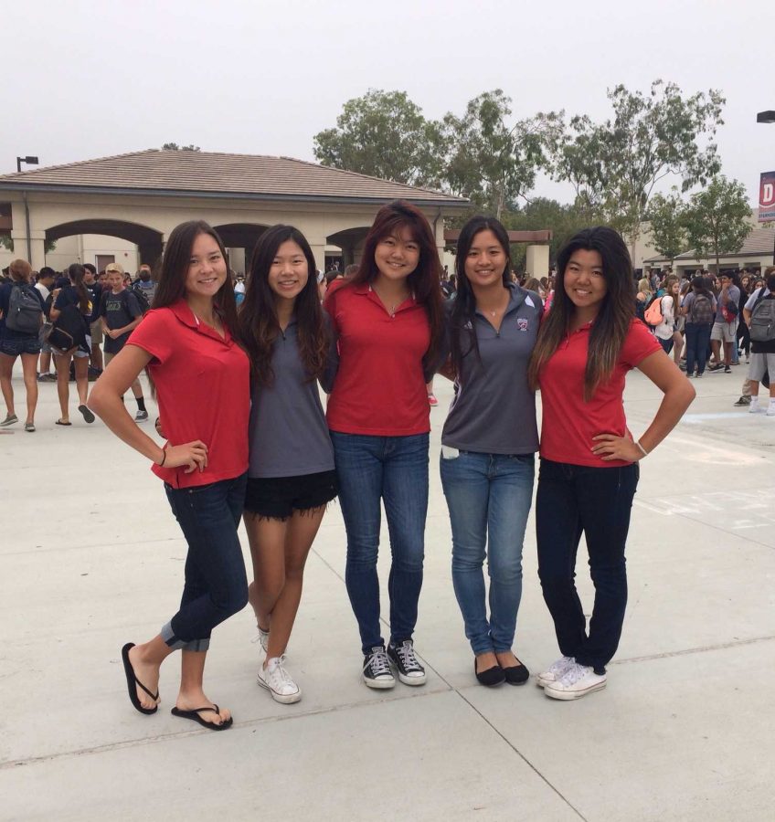 (L to R): Brooke Graebe (12), Lucy Baik (10), Kylie Sok (10), Sarah Chen (12), and Britney Sok (12). Marcel Manalo is not shown. 

These girls will be taking on CIF next week in Ojai! 

Photo Courtesy of Brooke Graebe.  
