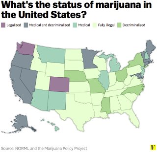 The map shows the current legality of pot by state. Photo courtesy of Vox.com