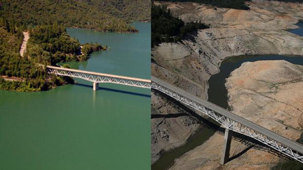 The water level at Lake Oroville in 2011(left) compared to the water level in 2014 (right).
