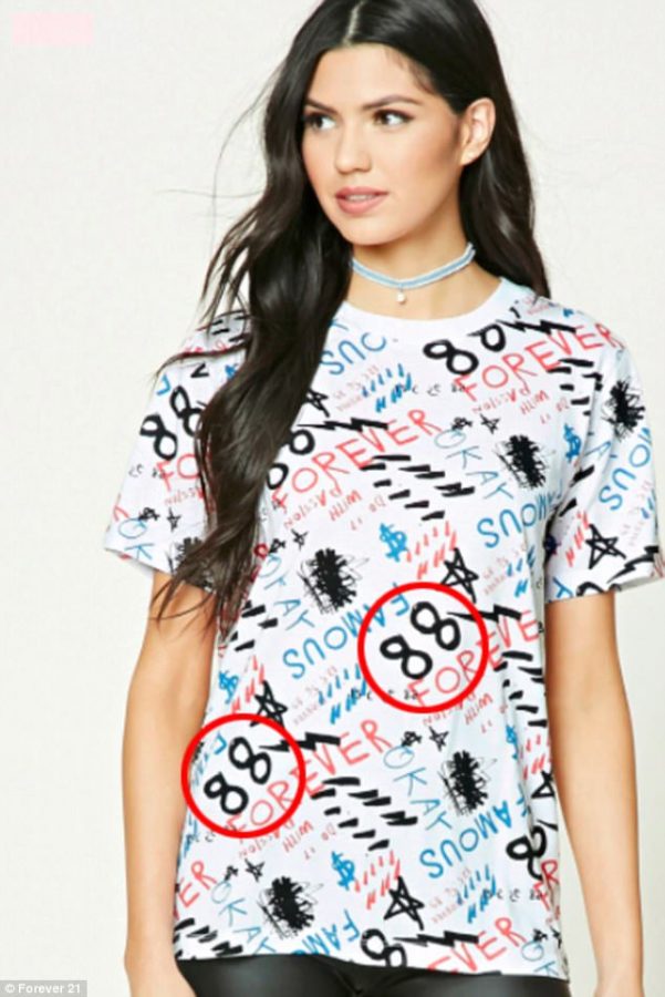 The shirt called “Famous Graphic Tee” with hate symbols present.
