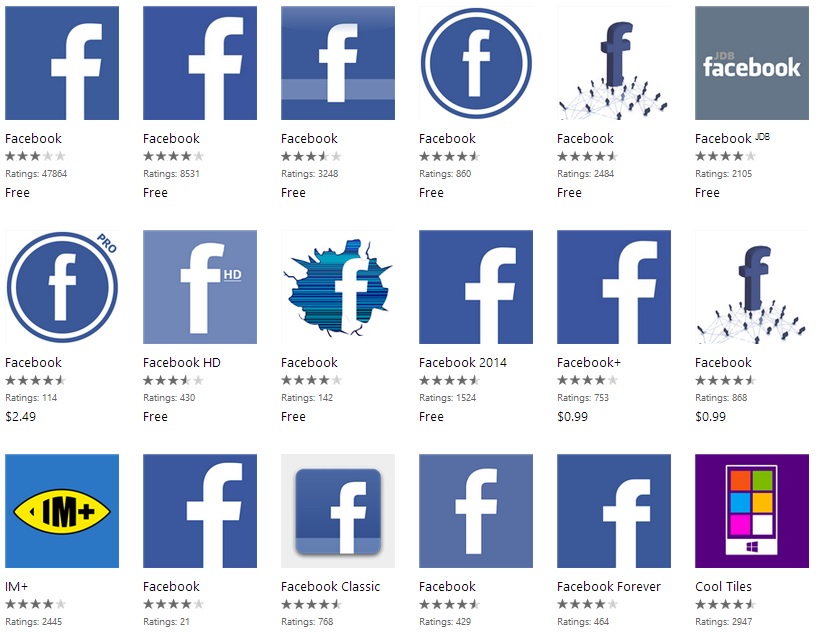 A+screenshot+shows+the+numerous+copies+of+Facebook+on+the+Windows+Store