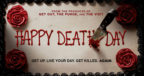 The spooky promotional poster for Happy Death Day includes a reflection of the antagonist in the knife