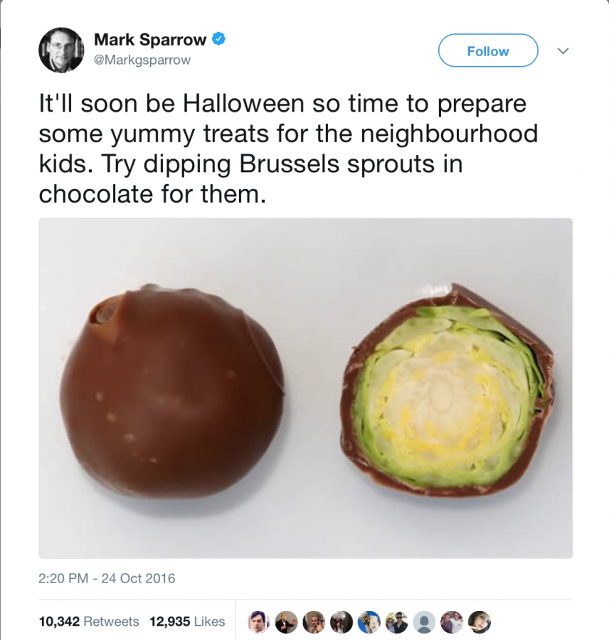 Mark Sparrows chocolate Brussels sprouts prank via twitter.