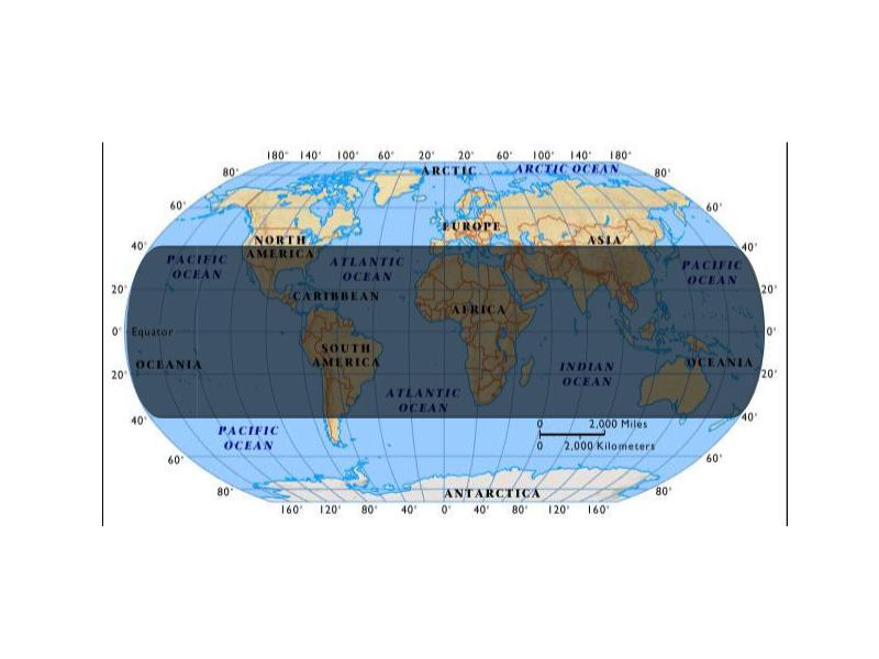 The shaded region is an approximation of where on Earth Tiangong-1 may re-enter. The exact destination is yet to be determined.