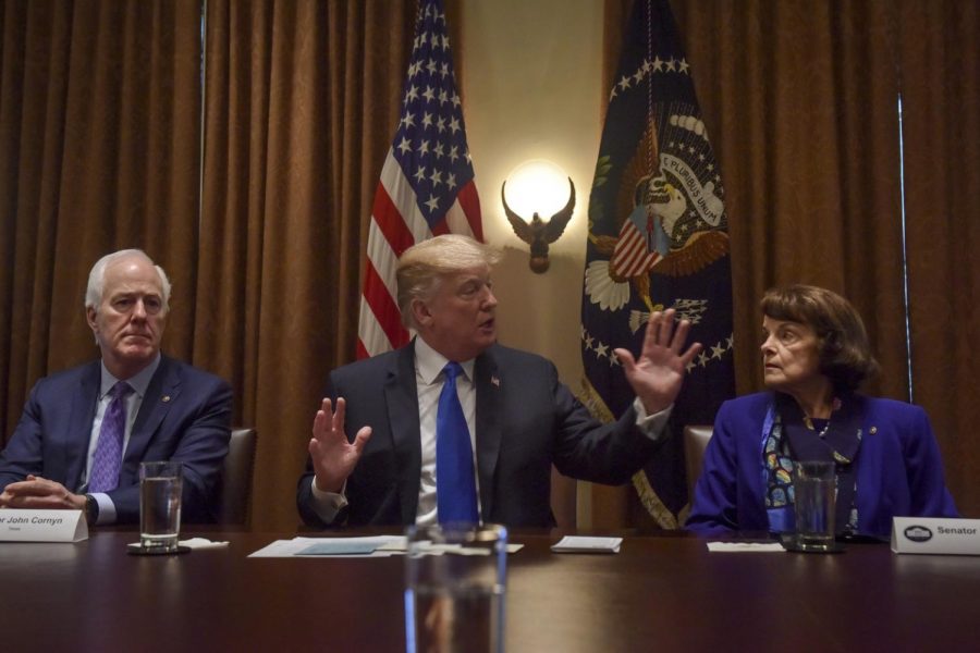 Trump discusses gun control measures with legislators at a bipartisan meeting in the White House.