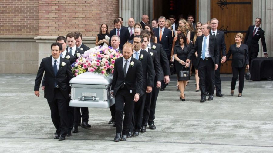 Friends and family say goodbye to Barbara at her funeral. 
