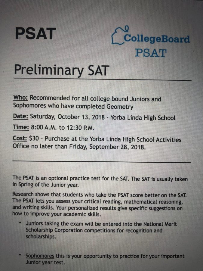YLHS is holding a date to take the PSAT. It is a great opportunity to see if one likes the style of the SAT. 