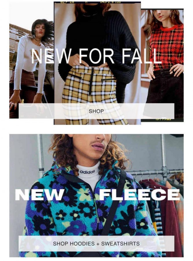 An image taken of the home page of the popular clothing store, Urban Outfitters. The clothing displayed is very reminiscent of some 80s and 90s styles.