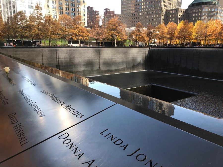 An image taken above the memorial pools outside the 9/11 memorial museum. 