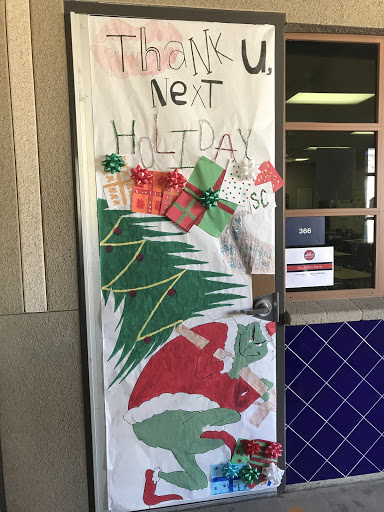 Above is Ms. Ferris’ holiday door based around the Grinch and Ariana Grande’s song “Thank U, Next”.