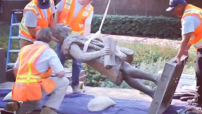 A statue commemorating Christopher Columbus was taken down in Grand Park.