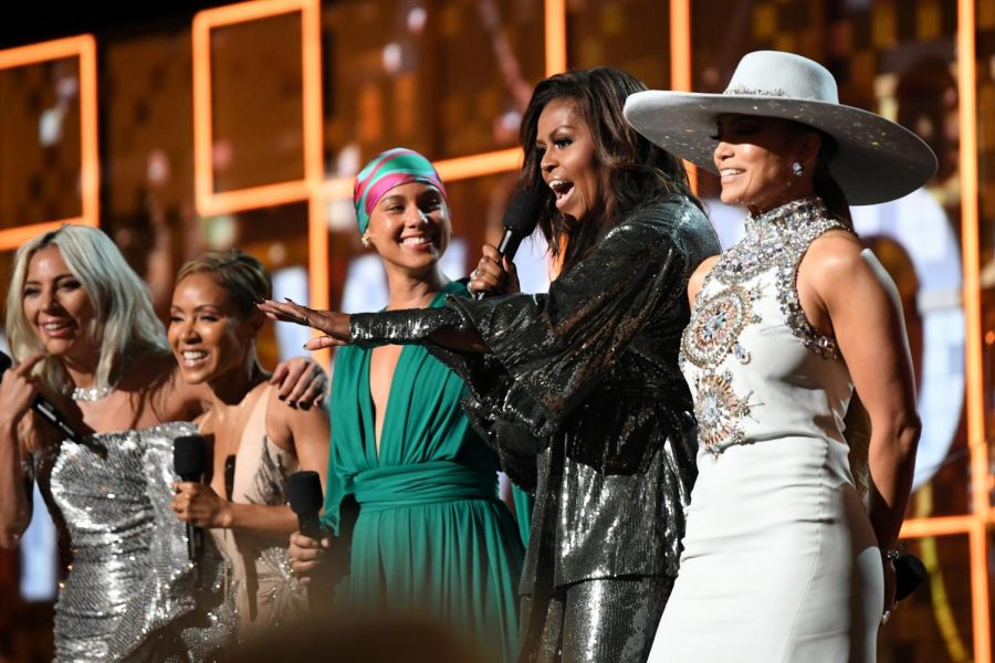 Above, special guest Michelle Obama makes a surprise appearance on musics biggest night.