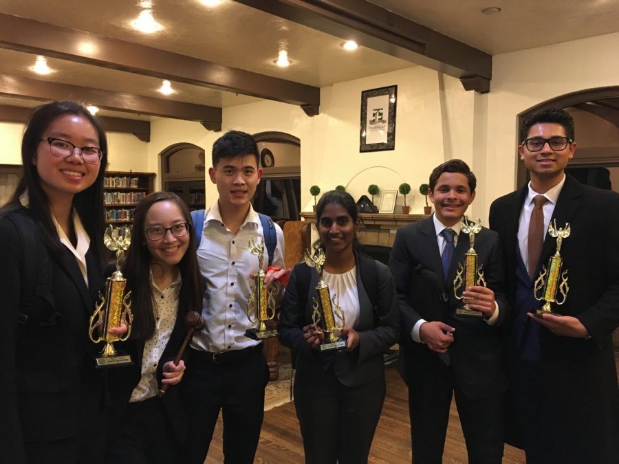 From left to right: Anna Zhang (10), Caitlyn Truong (11), Wayne Chan (12), Rohita Thammineni (10), Chris Mancini (9), and Rishi Kheni (12) are among several YLHS debate students qualifying for the state tournament in May.