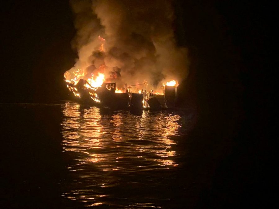 The fire of a diving boat off the coast of Santa Cruz Island killed 34 out of 39 people aboard. 
