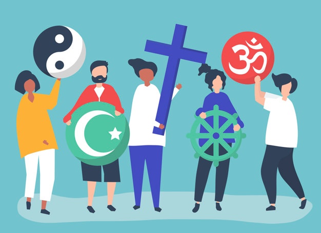 The image illustrates a diverse group of people with each holding a symbol to represent their religion. 