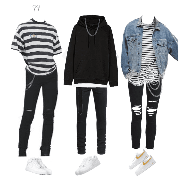 A collage made of different outfits that are a staple of E-boy fashion. 