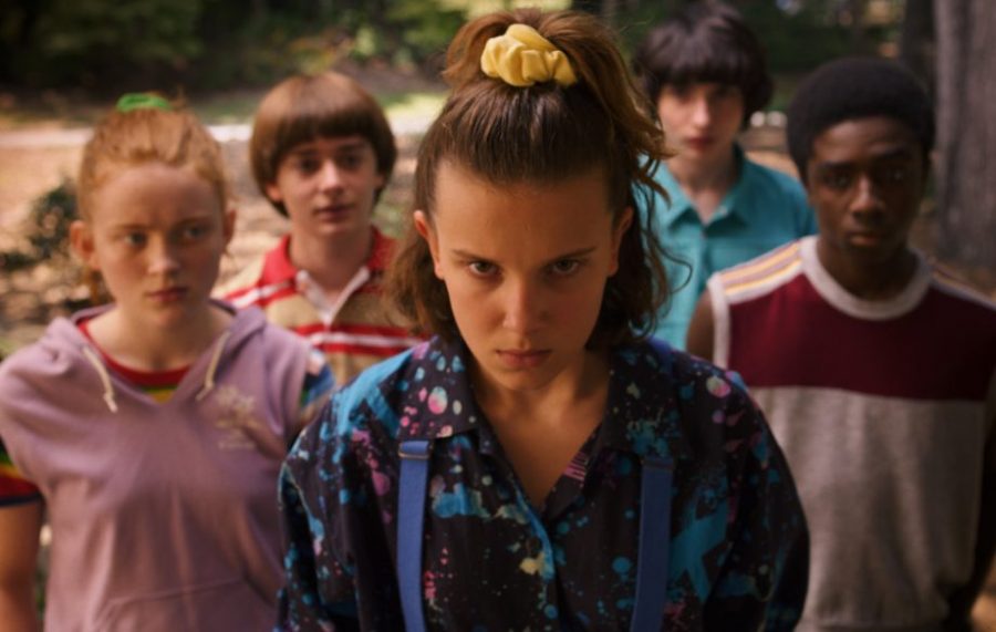 A portion of the show’s young cast (left to right): Max (Sadie Sink), Will (Noah Schnapp), Eleven (Millie Bobby Brown), Mike (Finn Wolfhard), and Dustin (Galen Matarazzo).