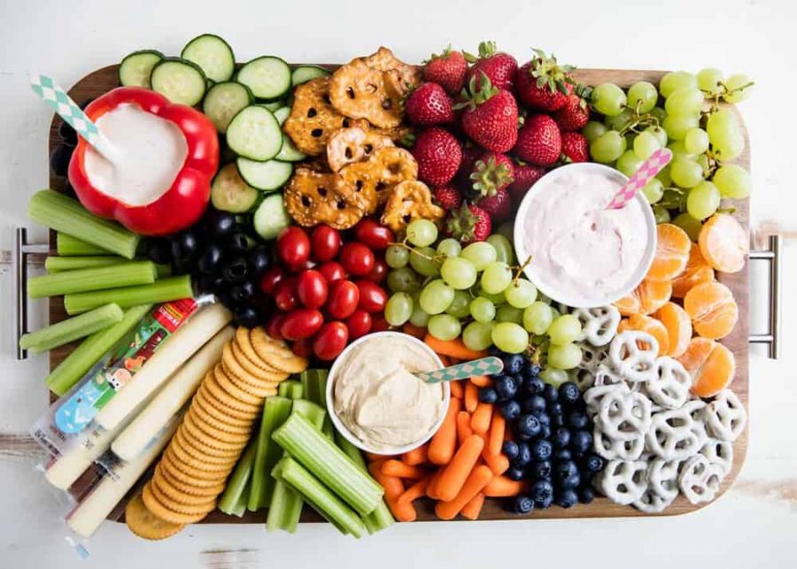A basic food platter filled with healthy food options a more plant-based diet would have.