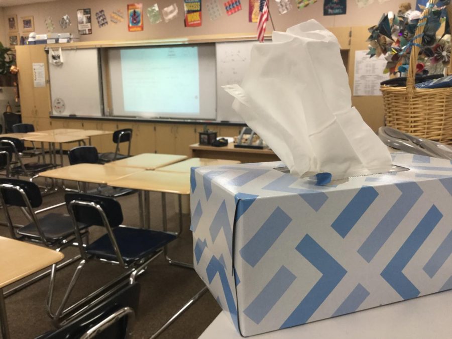 Tissues are essential during the spring season, and many classes such as room 335 contain at least one box.