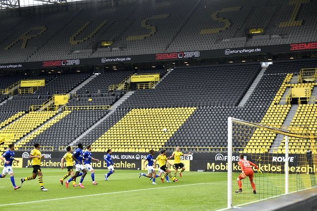 Empty stands in Borussia Dortmund’s Signal Iduna Park as the German Bundesliga opened league play on May 16.