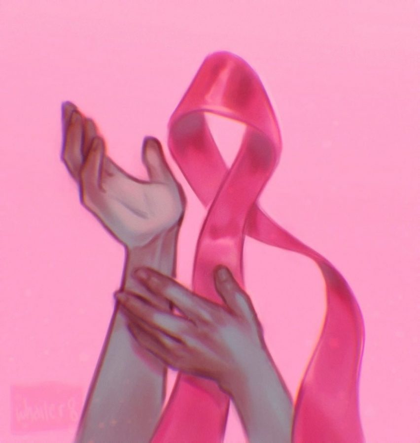 The pink ribbon is a very common symbol for this type of cancer and is normally worn and shown in solidairty with the men and women effected.