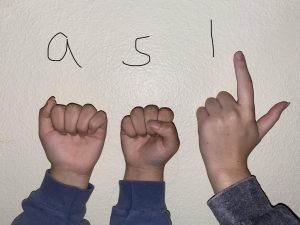 These are the letters a, s, and l in sign language, which stand for American Sign Language 
