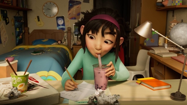 Cup ramen and bubble tea, popular in east Asian culture, sit on Fei Feis desk as she crafts an elaborate blueprint of her rocket.
