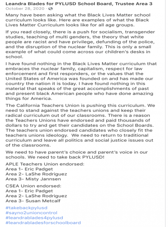 Statements Blades made on Facebook regarding the Black Lives Matter curriculum. 
