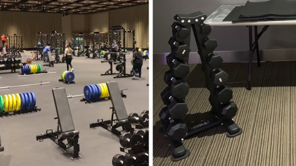 The two different weight rooms placed right next to each other to show the differences between equipment. The mens weight room on the left, and womens weight room on the right.