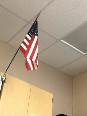 A flag waving in a Yorba Linda High School Classroom that gets pledged to everyday.