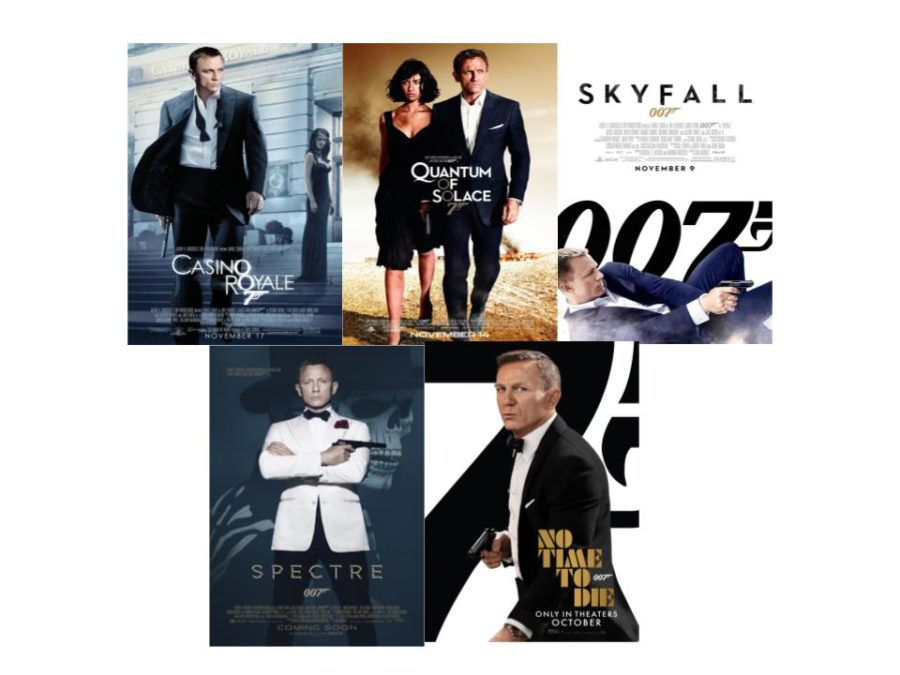 A composite image of the five Daniel Craig James Bond Movies. In order from top right to bottom left, it shows the posters for Casino Royale, Quantum of Solace, Skyfall, Spectre, and No Time to Die.