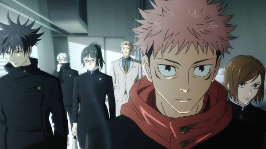 A few members of Jujutsu Kaisen’s cast (from left to right: Megumi, Toge, Maki, Kento, Yuji, and Nobara) radiating charisma in the anime’s stylish opening.