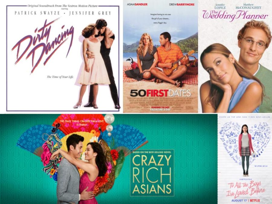 A composite image of all of the posters of the listed films. From the top left poster going clockwise, it shows the posters for Dirty Dancing, 50 First Dates, The Wedding Planner, To All the Boys I’ve Loved Before, and Crazy Rich Asians.
