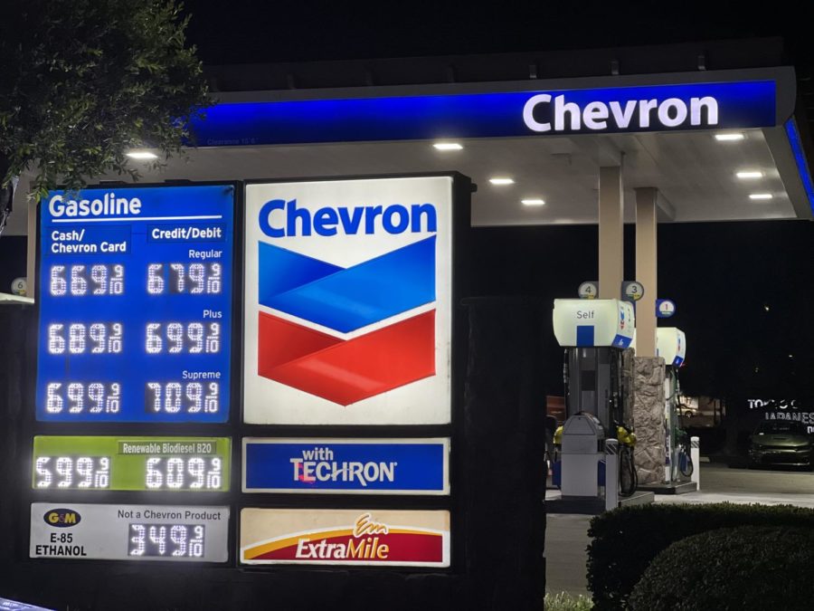 Prices reach seven dollars per gallon at a local Chevron in Yorba Linda, California