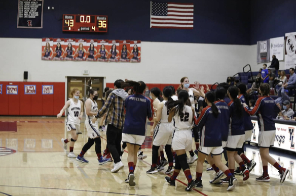 The Yorba Linda High School’s Women’s Basketball team celebrating their great win in the 1st round CIF game.
