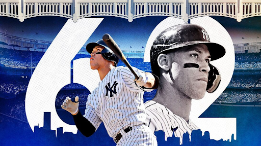 New York Yankee Aaron Judge’s momentous 62nd home run is immortalized in a digital graphic.