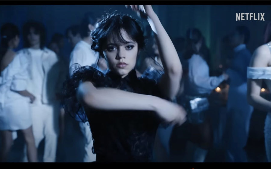 Jenna Ortega shows off her dance moves as Wednesday in the Netflix original during Nevermore’s Rave’N school dance.