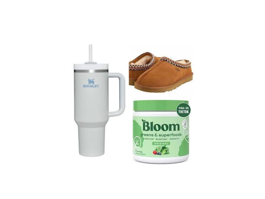 An image of the three trending products of 2022. On the left, the Stanley cup, and on the right, The Ugg Tasman Slippers above the Bloom Greens.