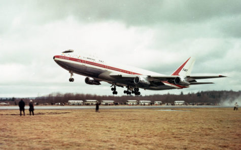 The first 747 takes off on its first flight Feb. 9, 1969.