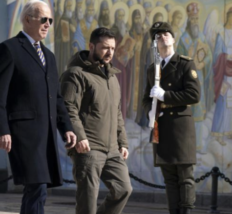 Biden walking with the Ukranian president Zelenksy during his visit to Kyiv, Ukraine.  