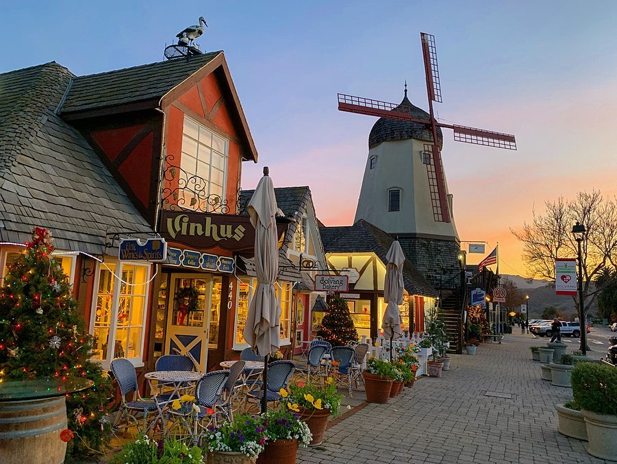 A beautiful representation of the diversity of Solvang, California during a sunset.