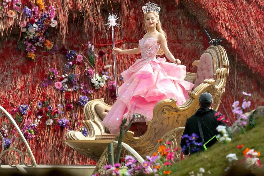 A leaked photos
 of Ariana Grande in her Glinda costume on set of the 2024 Wicked film.