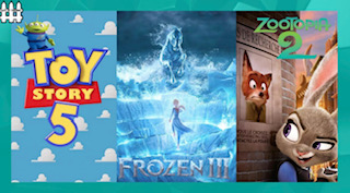 Concept art for Toy Story 5, Frozen 3, and Zootopia 2.