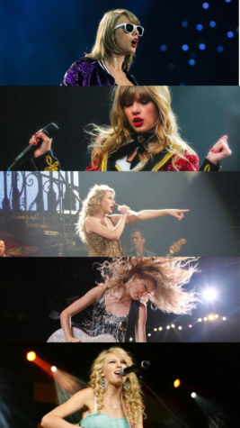 A collage of Taylor performing during her first five different eras.