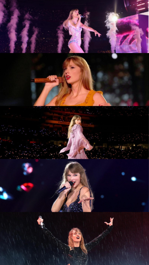 A collage of Taylor performing during her five most recent eras.
