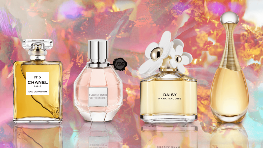 A picture of top selling perfumes from recent years.