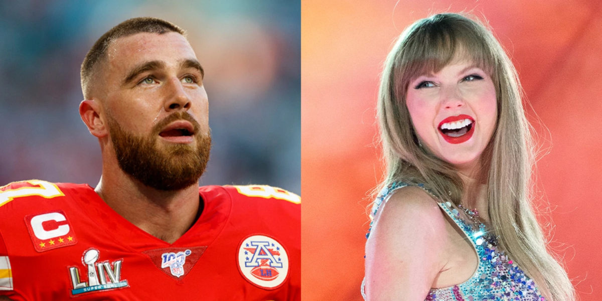 NFL+Tight-end+Travis+Kelce+photographed+side+by+side+with+superstar+Taylor+Swift