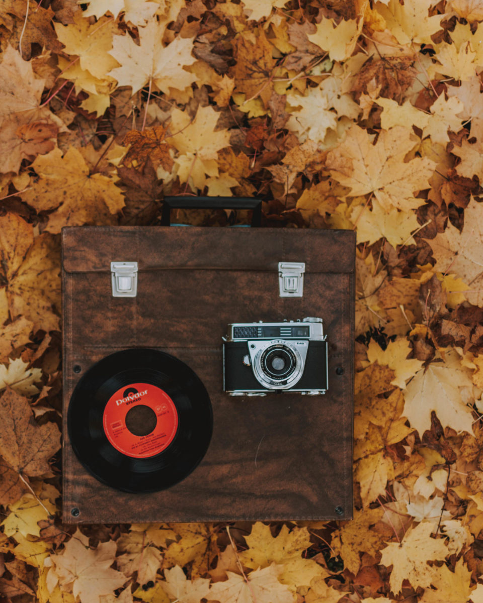 A+vinyl+record+and+camera+encapsulate+the+aura+of+fall+ambiance+surrounded+by+fallen+leaves.
