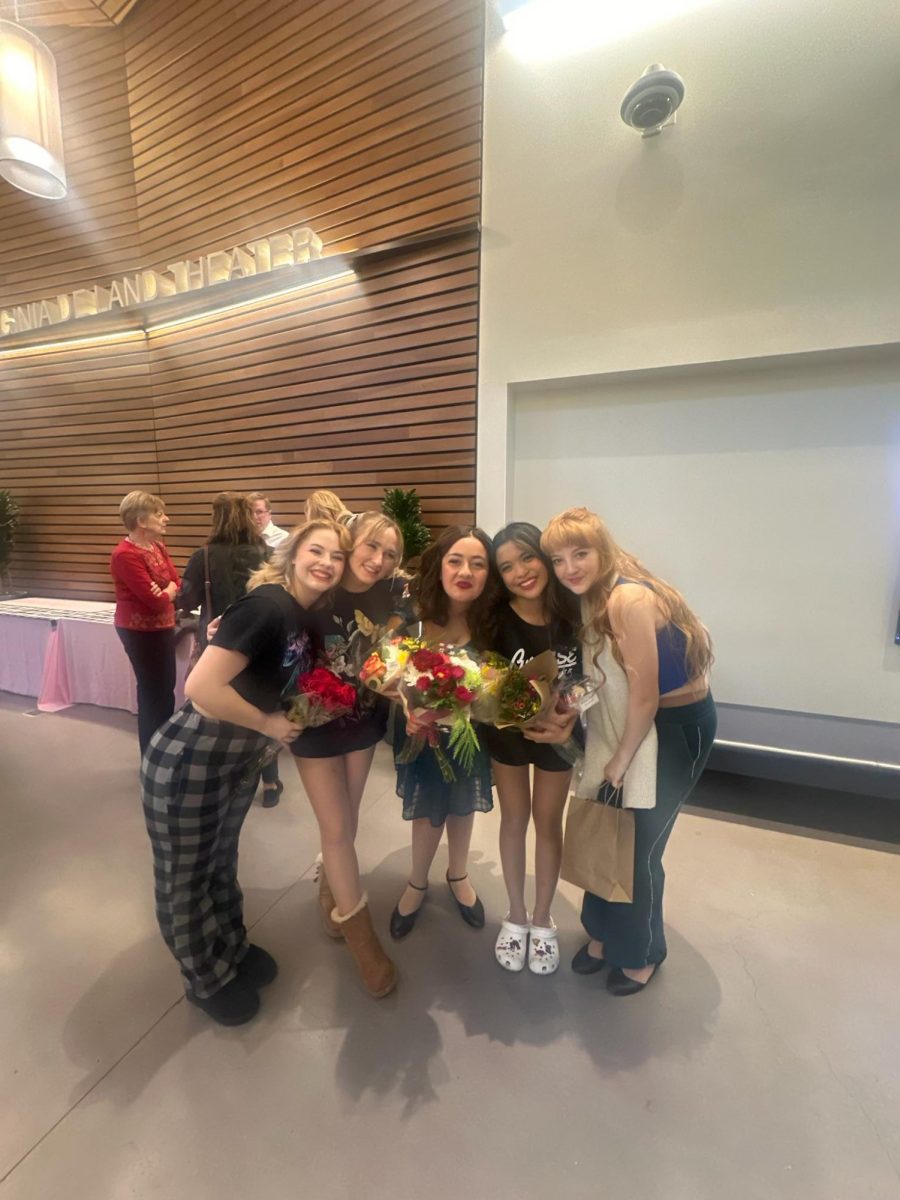  (from left to right) Cosette McCulloch, Addyson Shoup, Evani Gulati, Jennalyn Urquico (me), and Sam Davis smiling with teary eyes after our closing show of Grease at Yorba Linda Spotlight as “Sandy” and “The Pink Ladies.”