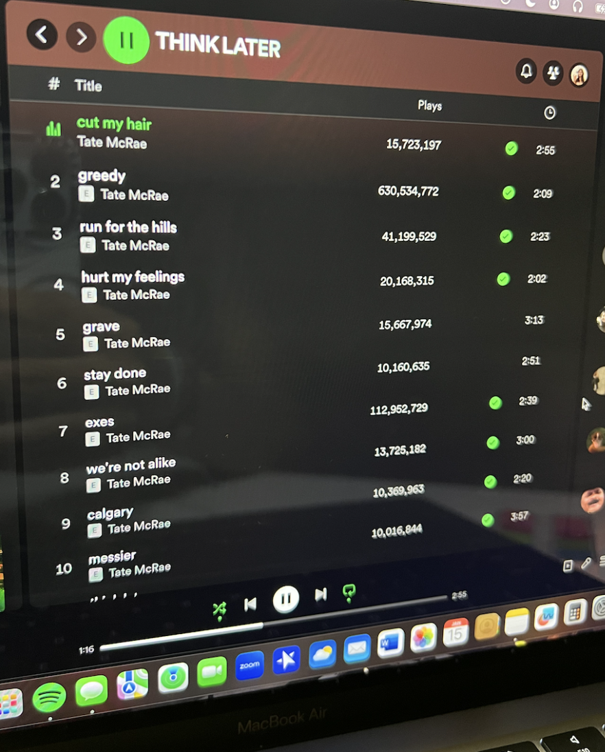 Tate Mcrae’s album being played on Spotify.
